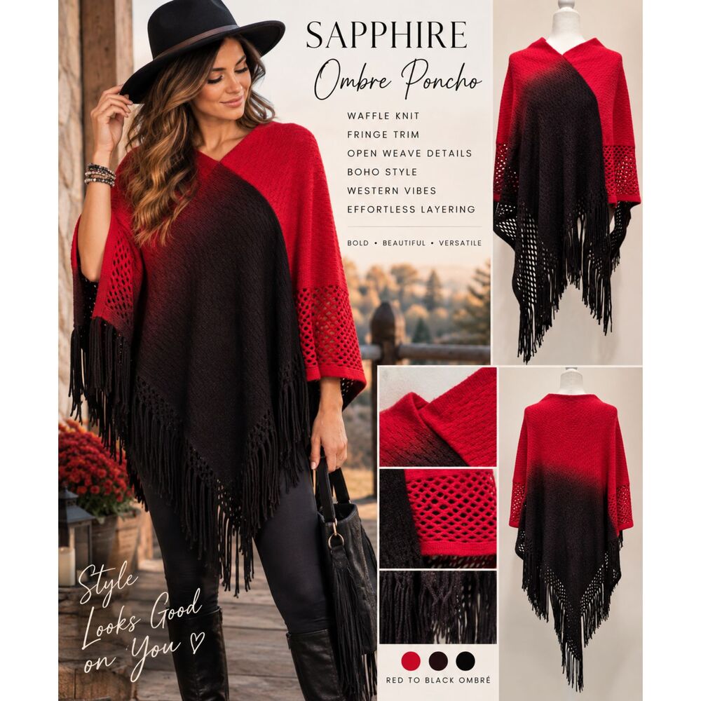 Sapphire Red Black Ombre Poncho Sweater Fringe Boho Western Waffle Knit